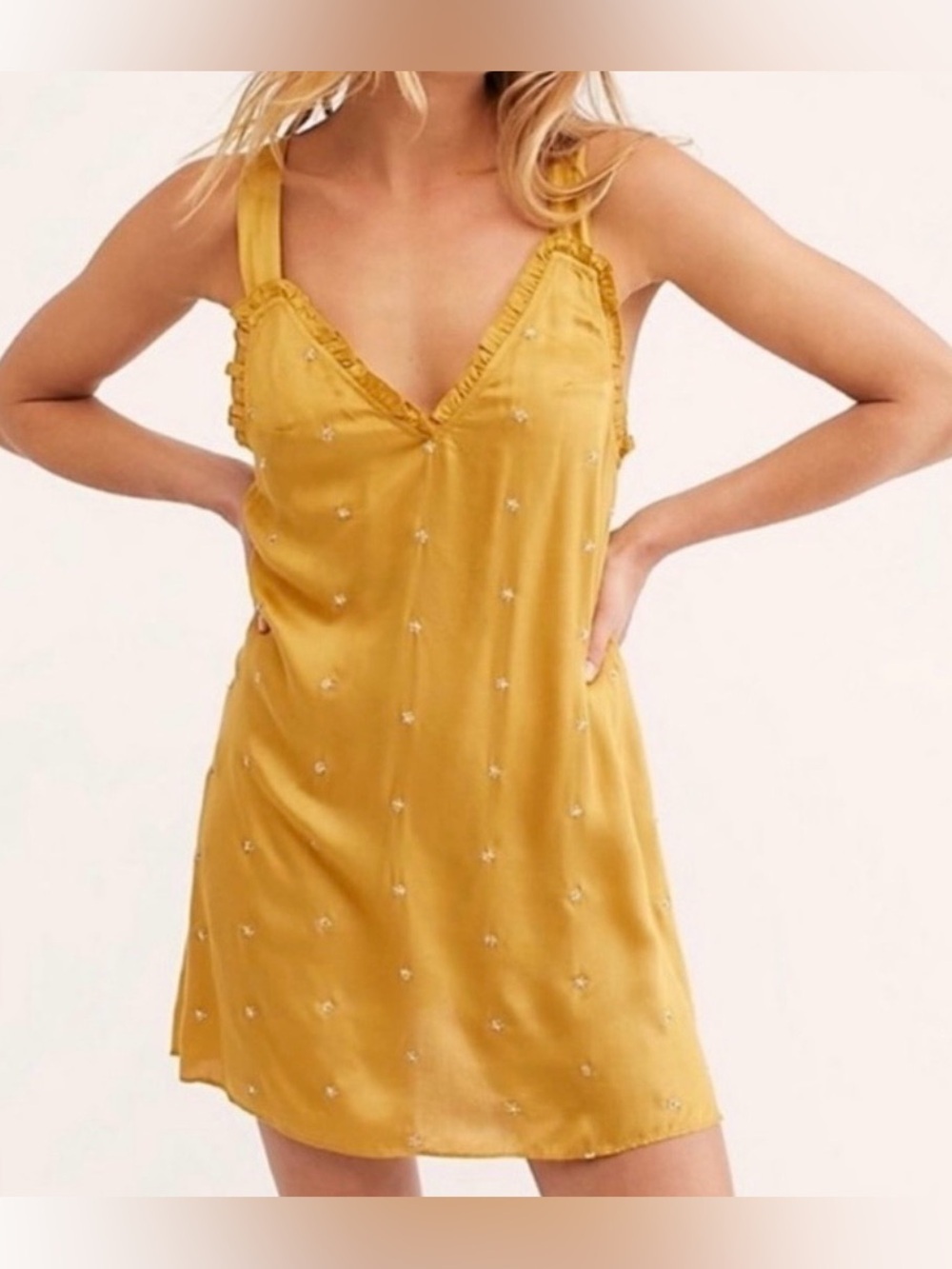 Free People Mustard Yellow Embellished Mini Slip Dress